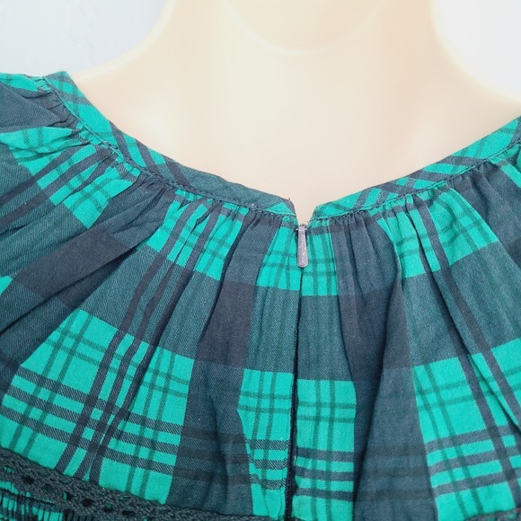 Ivy City Co Plaid Smocked Jumpsuit S Green Blue Puff Sleeve Square Ruffle Neck - Picture 5 of 11